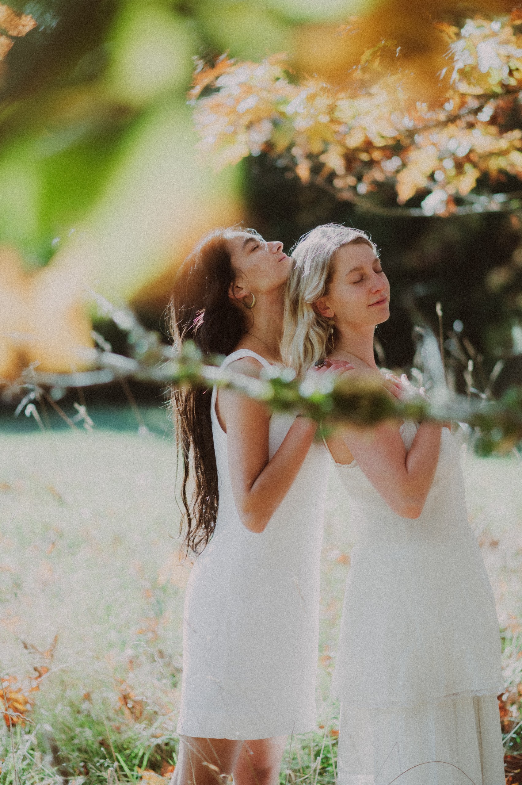 Two people in white in the grove